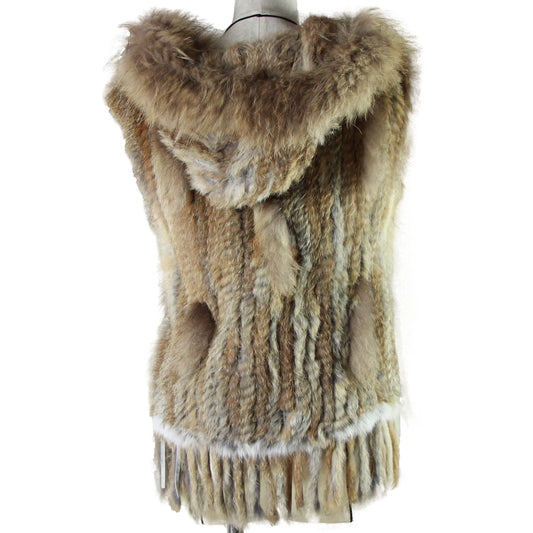 Harppihop Fashion Rabbit Fur Vest Raccoon Fur Trimming Knitted Rabbit Fur Vest With Hood Fur Waistcoat Gilet