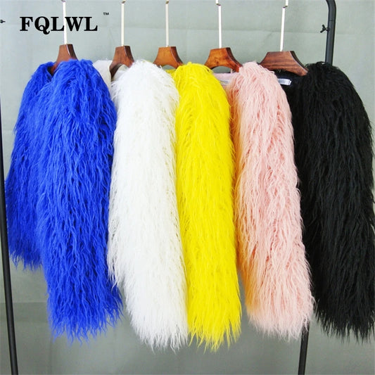 FQLWL Colorful Warm Faux Women Fur Coat Loose Black White Pink Plush Coat 2024 Female Jacket Fur Autumn Winter Shaggy Outerwear