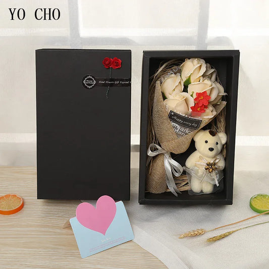 YO CHO 7pcs Scented Soap RoseFlower Petal Bear in Gift Box for Valentines Wedding Valentines Mothers Day Gifts Rose Soap Flower