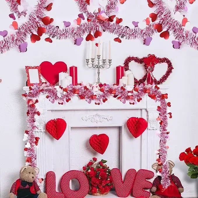 2M Valentines Heart Tinsel Garland Decorations Valentines Day Red Pink Metallic Garland for Wedding Birthday Hanging Decor
