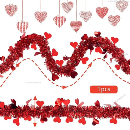 2M Valentines Heart Tinsel Garland Decorations Valentines Day Red Pink Metallic Garland for Wedding Birthday Hanging Decor