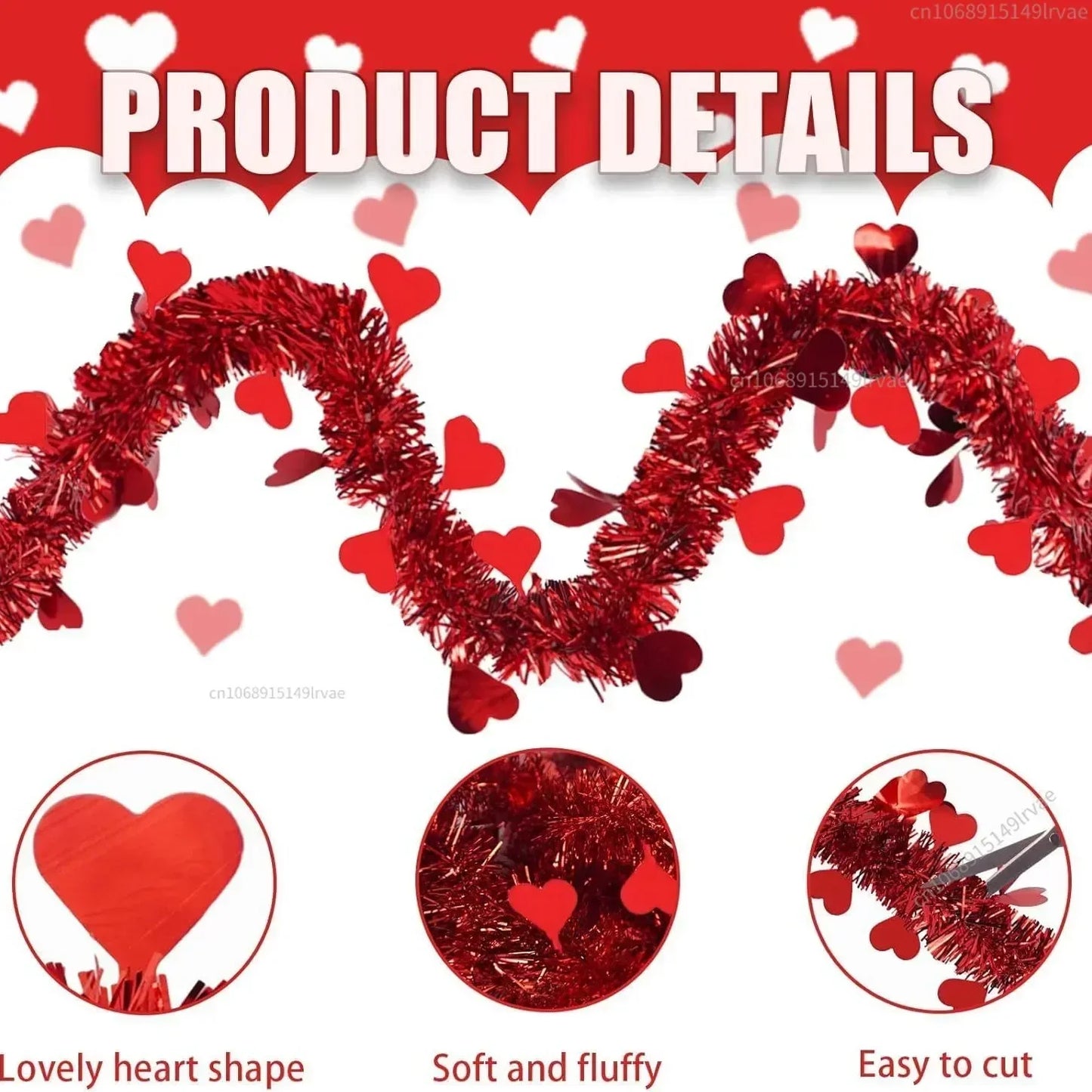 2M Valentines Heart Tinsel Garland Decorations Valentines Day Red Pink Metallic Garland for Wedding Birthday Hanging Decor
