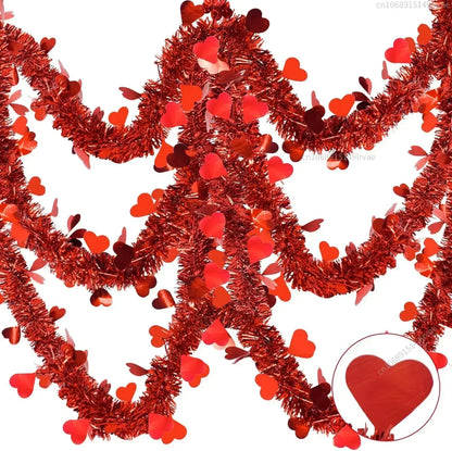 2M Valentines Heart Tinsel Garland Decorations Valentines Day Red Pink Metallic Garland for Wedding Birthday Hanging Decor